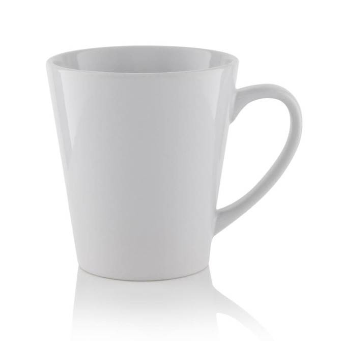 A white sublimation mug with a tapered design and a curved handle. Features a glossy finish.