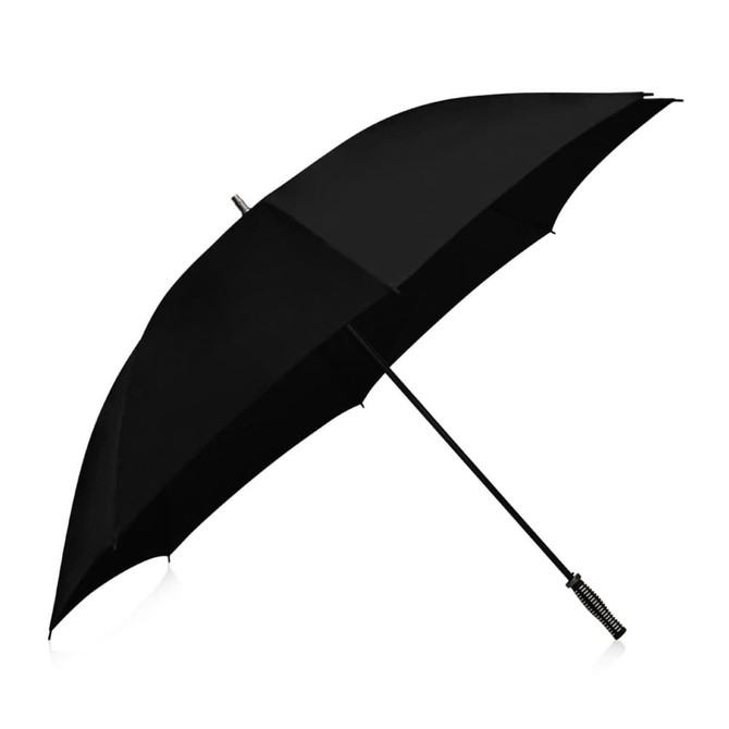 A black umbrella with a sleek design and a handle featuring a logo. Ideal for leisure and outdoor use.