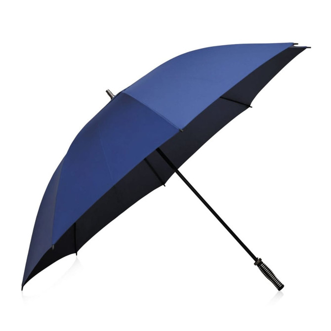 A blue and black umbrella with a black handle, featuring a branding logo on the handle.