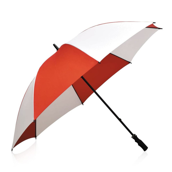 A red and white umbrella with a black handle and a branding logo.