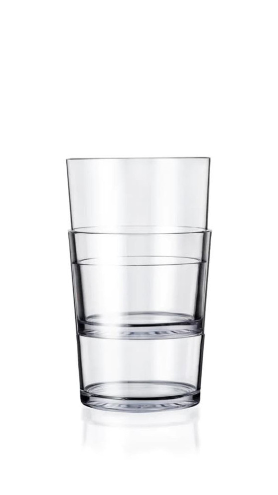 A stack of clear plastic tumblers with a sleek design, featuring a smooth finish and a subtle logo.