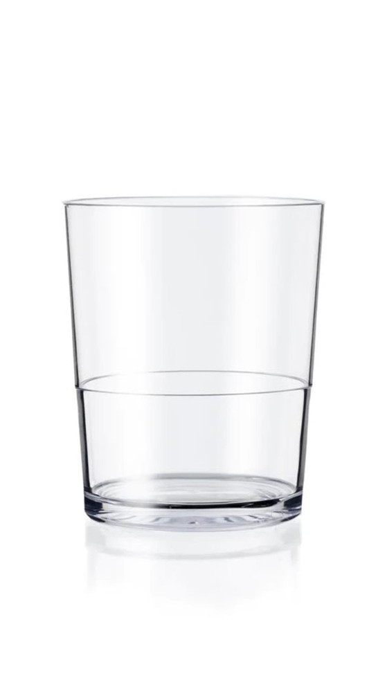 A clear plastic tumbler with a slightly curved design and a sturdy base, ideal for beverages.