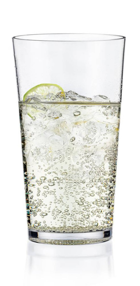 A drink bottle featuring a clear highball glass filled with a bubbly beverage and a slice of lime.
