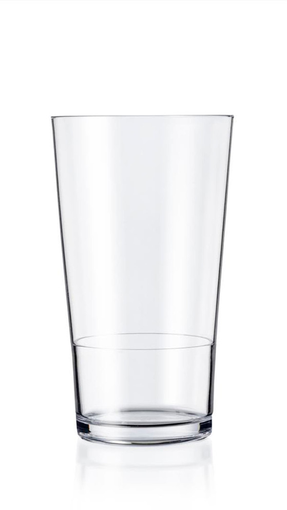 A clear, transparent highball glass featuring a simple, modern design with a flat base.