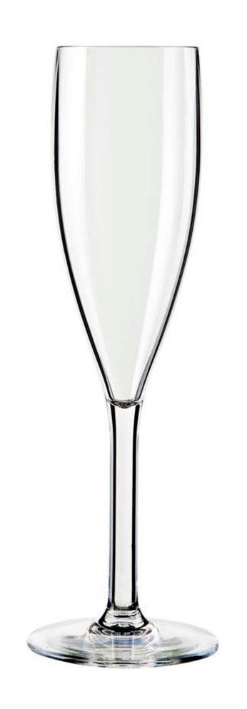 A drink bottle featuring a clear, elegant design, resembling a flute glass for beverages. It includes a logo.