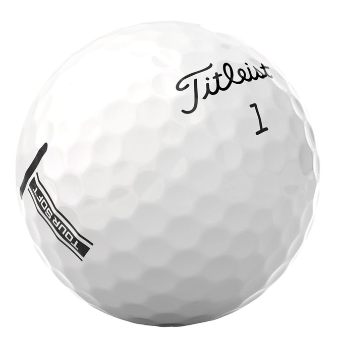 A white golf ball with a textured surface and a logo, labelled "1" and "TOUR SOFT".