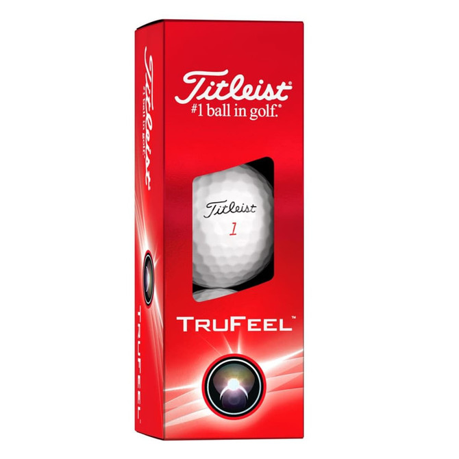 A box of Titleist TruFeel golf balls featuring a logo, in red with white accents. Contains one sleeve of balls.