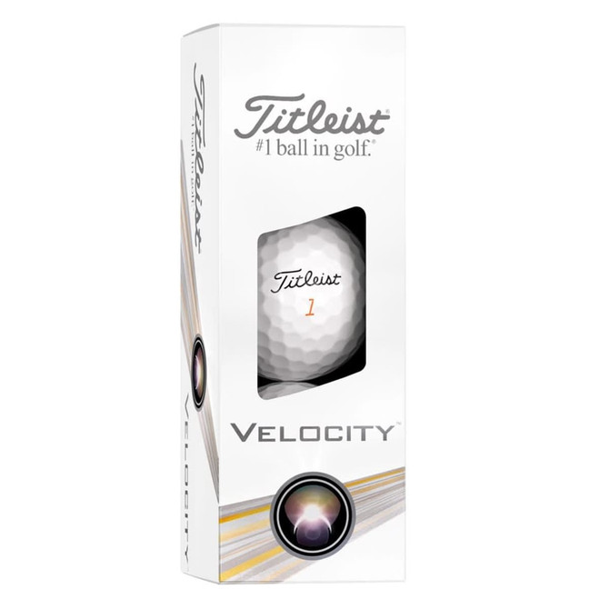 A boxed set of white Titleist Velocity golf balls, featuring a logo and designed for performance.