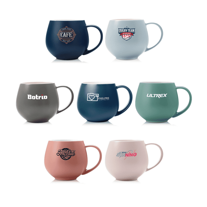 A set of colourful coffee mugs in various designs, featuring a mix of logos and pastel shades.