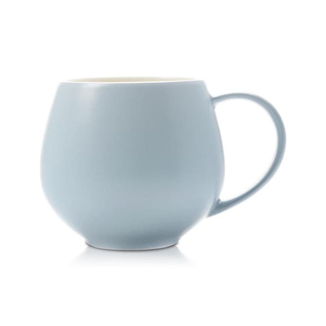 A blue coffee mug with a rounded design and a handle, featuring a smooth matte finish.