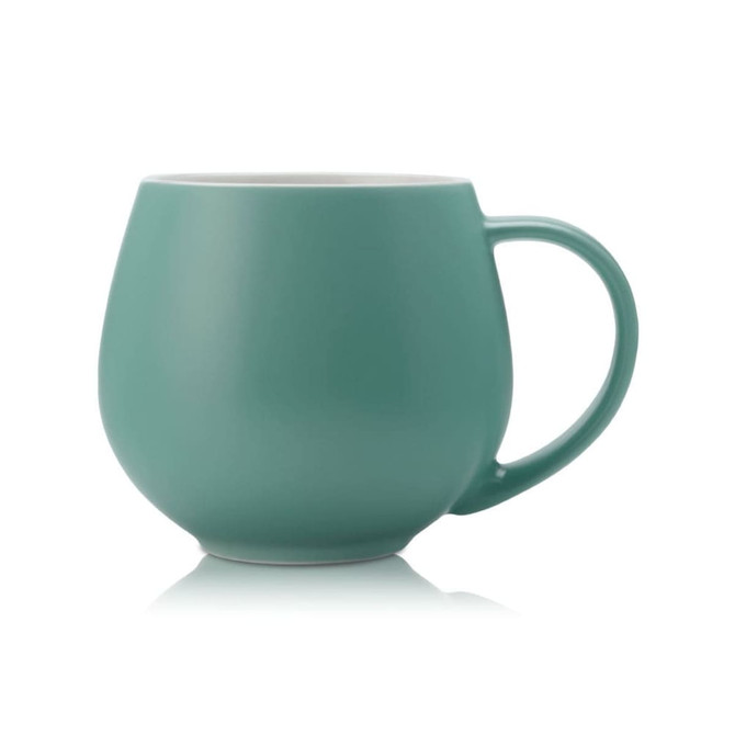 A drinkware mug in a teal colour with a rounded shape and a handle, featuring a logo.