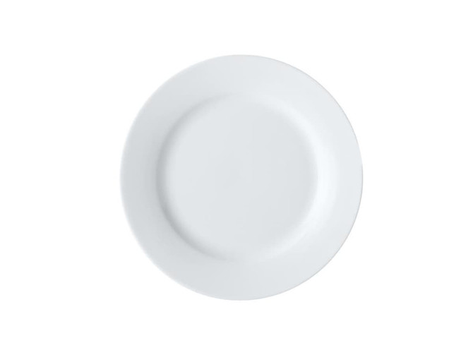 A white 19cm rim side plate with a smooth surface and rounded edges, displaying a minimalist design.