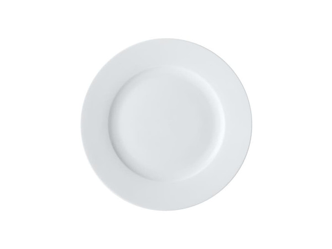 A white dinner plate with a rim, measuring 27.5 cm in diameter. The plate has a smooth finish and a simple design.