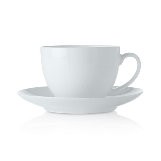 A white cup with a smooth finish, accompanied by a matching saucer, both made of ceramic.