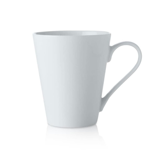 A white conical mug with a handle, designed for beverages, featuring a smooth finish and simple shape.
