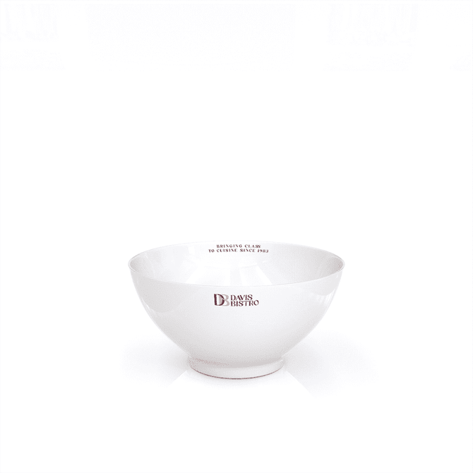 A white rice bowl with a glossy finish and a logo on the interior base, measuring 10cm in diameter.