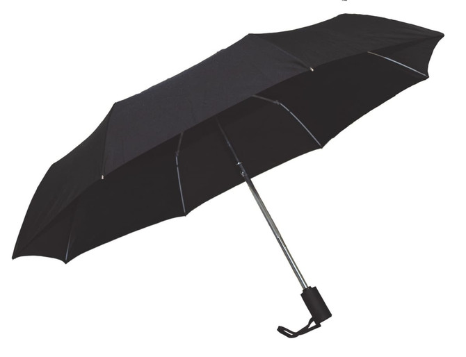 A black umbrella with a metal frame, featuring a handle and a strap for easy carrying. It has a logo on the fabric.