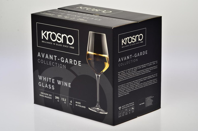 A boxed set of six Krosno Avant-Garde white wine glasses, featuring a sleek design and clear glass.