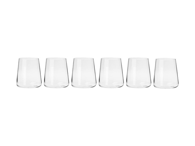 Six clear glass tumblers with a modern design arranged side by side. Each tumbler has a smooth finish.