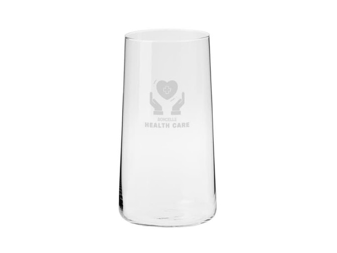 A clear glass tumbler with a tapered shape and an engraved logo.