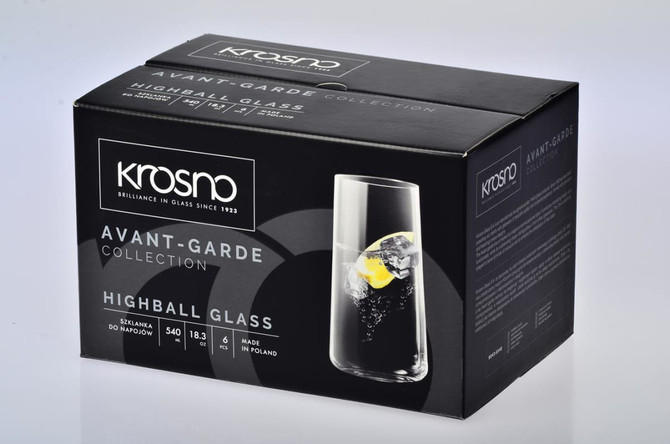 A boxed set of six Krosno Avant-Garde highball glasses, featuring a sleek design with a transparent finish.