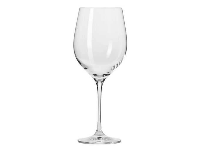 A clear, tall wine glass with a stem, featuring an elegant design suitable for various occasions.
