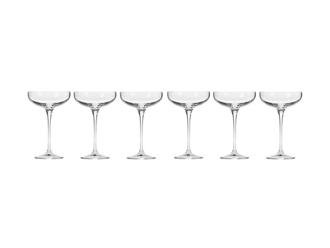 Six clear glass champagne coupes with elegant stems in a row. Suitable for gifting, presented in a gift box.