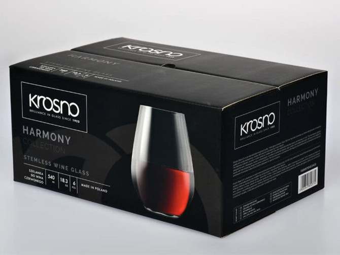 A boxed set of six Krosno Harmony stemless wine glasses, featuring a sleek design and a dark colour.