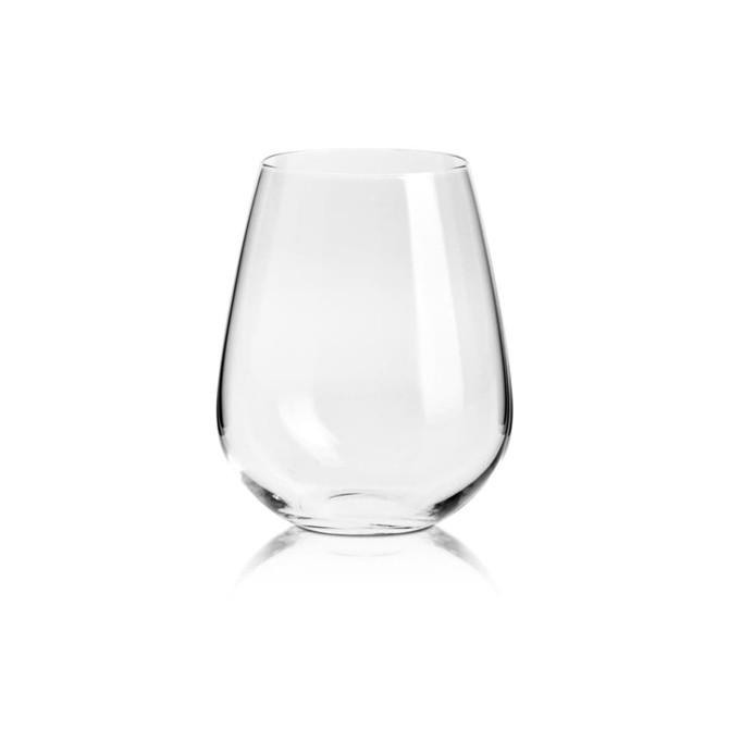 A stemless wine glass in clear glass, showcasing a smooth, rounded design. Features a logo on its surface.