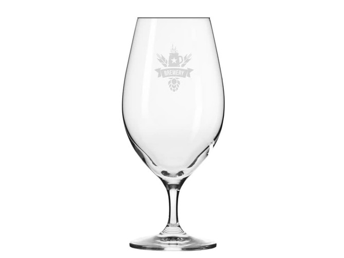A clear glass beer glass with a stem, featuring an engraved logo on one side. Perfect for enjoying your favourite brew.