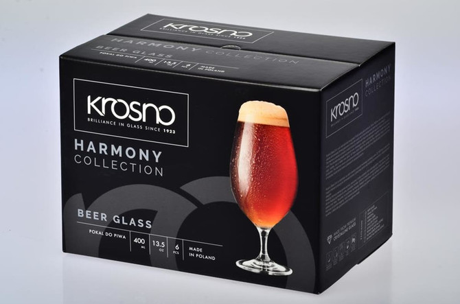 A gift box containing six 400ML beer glasses from the Krosno Harmony Collection, featuring a sleek design.