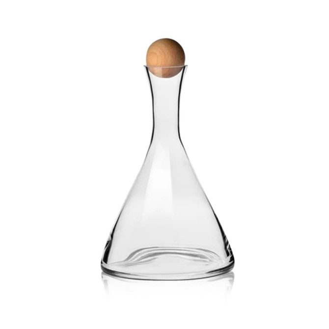 A wine decanter made of clear glass with a beechwood stopper, featuring a sleek, elegant design.