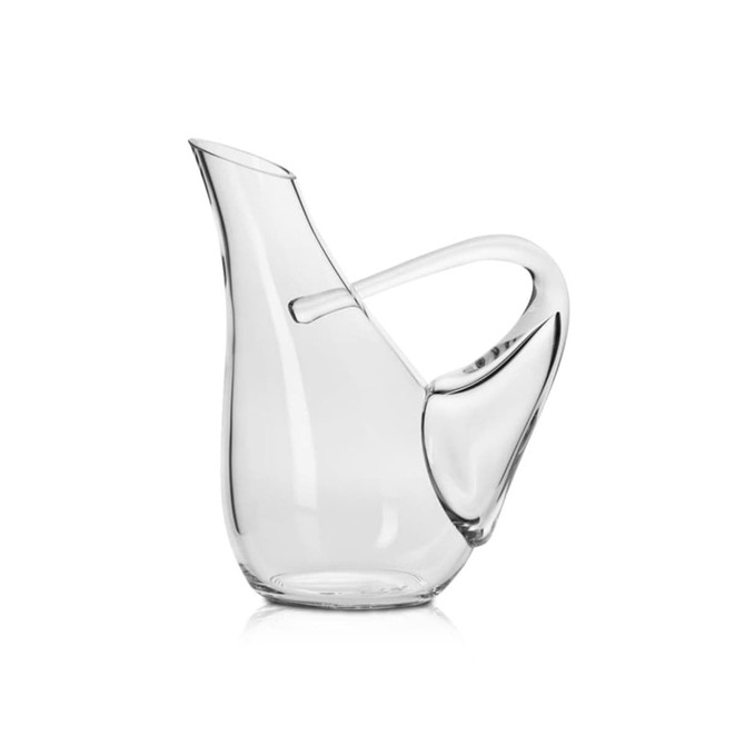 A drink bottle with a unique swan design, clear glass, featuring a curved handle and elegant spout.