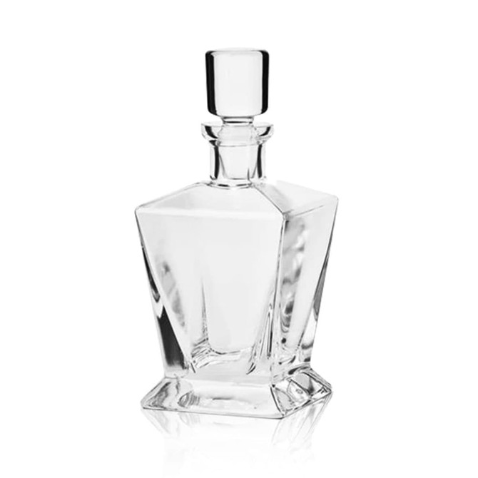 A drink bottle with a geometric design, crafted from clear glass, and featuring a matching stopper.