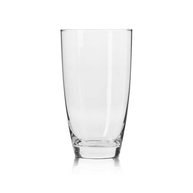 A transparent highball glass with a clear finish, featuring a smooth design and a sturdy base.