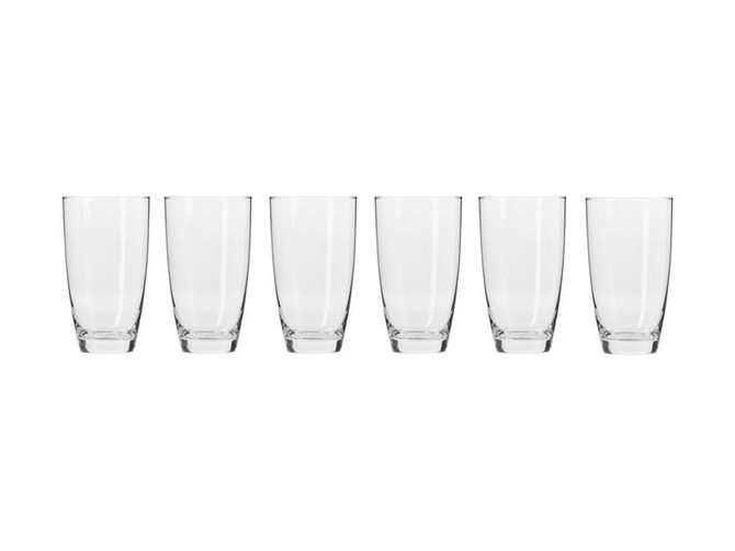 Six clear highball glasses arranged side by side in a neat row, featuring a sleek and modern design.