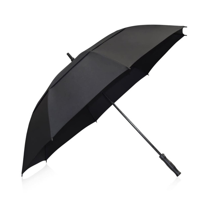 A black umbrella with a sturdy handle and a sleek design, featuring a logo on the shaft.