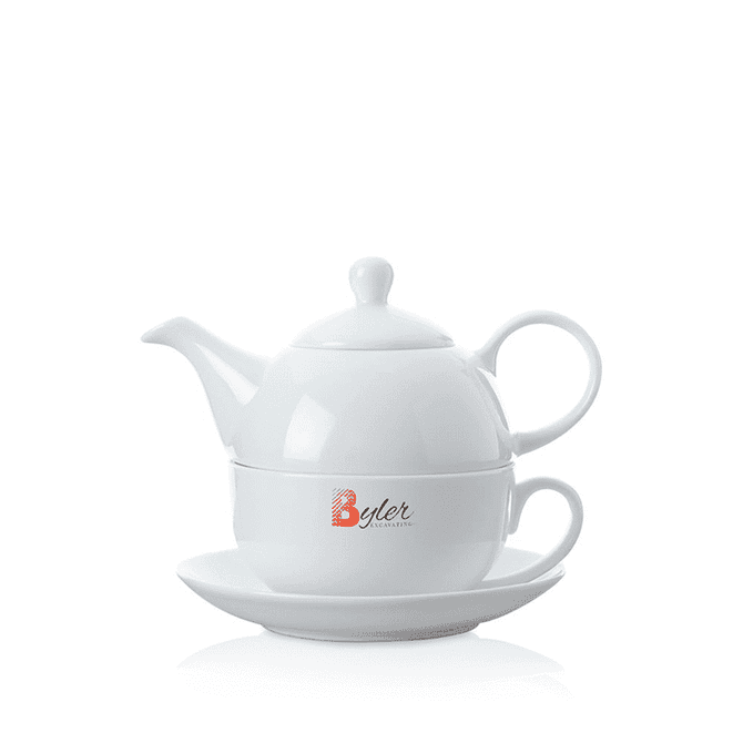 A white ceramic tea set with a teapot, cup, and saucer. Features a logo on the teacup.