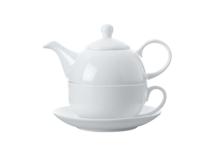 A white tea pot with a cup and saucer, elegantly stacked, made of porcelain for tea servings.