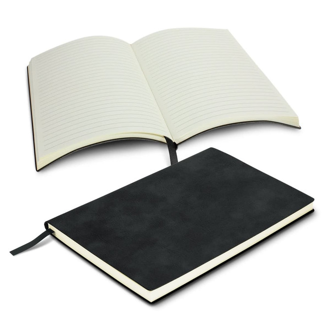 A black soft cover notebook opened to reveal lined pages, with a placeholder ribbon and a logo on the cover.