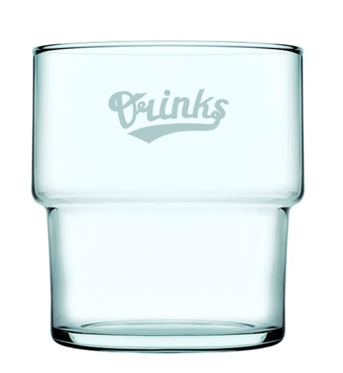 A drink bottle made of clear recycled glass, featuring a curved design with a subtle logo.