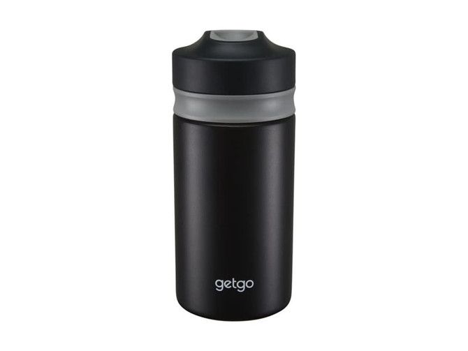 A drink bottle in matte black with a grey lid, featuring a logo on the front.