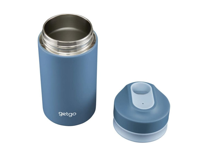 A drink bottle in a stylish blue colour with a double wall design and a removable lid, featuring a logo.