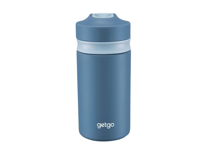 A drink bottle in a light blue colour with a lid and a logo. Double wall design, 350ml capacity.
