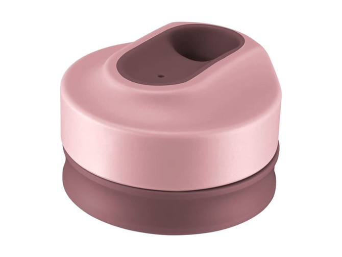 A drink bottle with a double wall design in soft pink and dark brown, featuring a spill-proof lid and a branding logo.