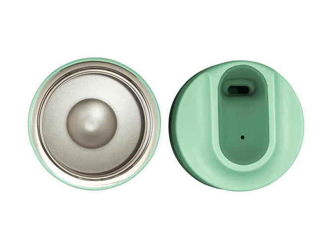 A drink bottle featuring a mint green double wall design, showcasing a smooth lid with a drinking spout and a silver interior.