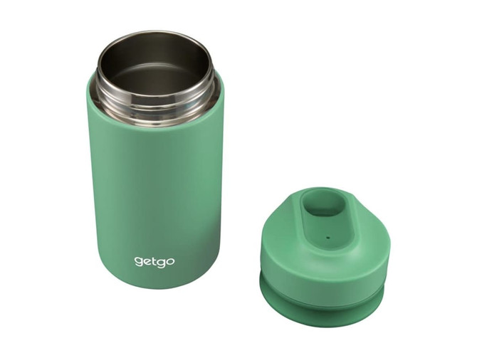 A drink bottle in light green, featuring a double wall design with a removable lid. It has a small spout and a branding logo.