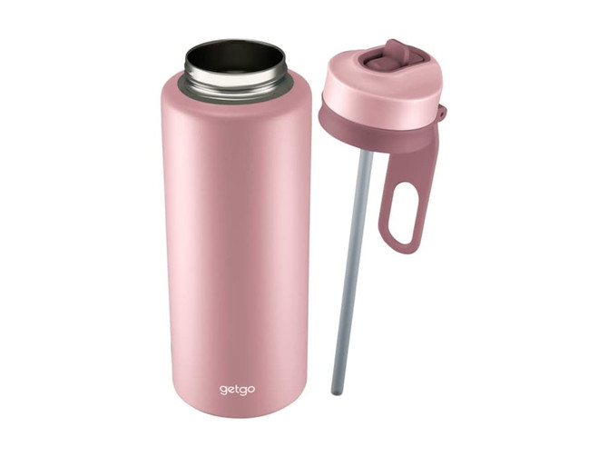 A drink bottle in pink with a removable lid and straw, featuring a logo. It's made of double wall material.