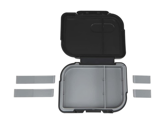 A medium bento box in black and grey, featuring a divided compartment and removable sections. Includes a logo.