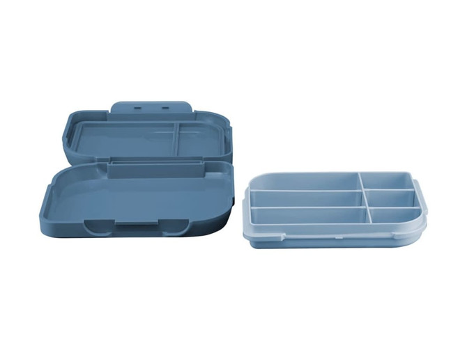 A blue bento box with a detachable compartment, featuring multiple sections for food storage. It has a logo.